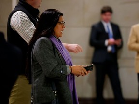 U.S. Rep. Rashida Tlaib arrives for a classified closed-door briefing about Hamas' attack on Israel in the Capitol Visitors Center Auditorium in Washington, D.C., on Wednesday.