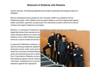 The York Federation of Students executive team alongside a statement they released pledging unequivocal "solidarity" with Palestine after a Hamas-orchestrated terror attack that killed more than 1,000 civilians.
