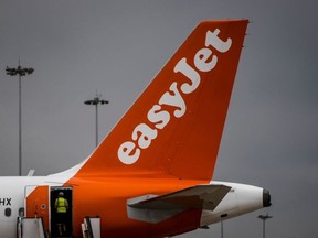 An EasyJet plane is pictured at Faro airport in Algarve, south of Portugal.