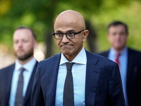Microsoft CEO Satya Nadella arrives at federal court to testify in the antitrust trial to determine if Alphabet Inc.'s Google maintains a monopoly in the online search business, in Washington, DC, on October 2, 2023.
