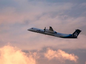 Alaska Airlines plane operated by Horizon Air takes off from Seattle-Tacoma International Airport.