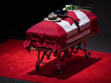 RCMP Const. Rick O'Brien's stetson rests on his casket during a regimental funeral in Langley, B.C., on Wednesday, October 4, 2023. O'Brien, 51, was killed last month while executing a search warrant at a home in Coquitlam.