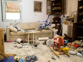 An Israeli house that was destroyed in a battle between Israeli soldiers and Hamas terrorists in the attack on the kibbutz in Be'eri, Israel.