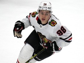 Chicago Blackhawks' Connor Bedard plays in his first regular season NHL hockey game against the Pittsburgh Penguins in Pittsburgh, Tuesday, Oct. 10, 2023.