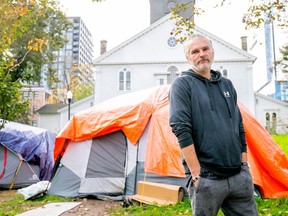 Ric Young is seen at an encampment at downtown Halifax's Grand Parade, Thursday, Oct. 19, 2023. He has been staying in the makeshift encampment for nearly three months.