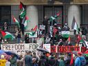 Palestinian supporters rally at Vancouver Art Gallery in Vancouver on  October 9, 2023.