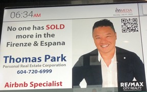 A digital advertisement in a Vancouver condo building promoting the services of realtor Thomas Park. - Submitted photo