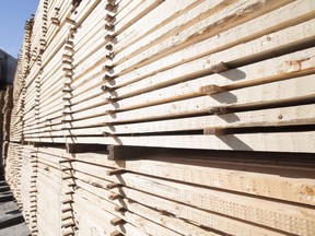 A stack of lumber is pictured in Merritt, B.C., Tuesday, May 2, 2017. Officials in Ottawa and British Columbia have welcomed a ruling under the North American Free Trade Agreement, saying a panel found elements of the United States' calculation of softwood lumber duties are inconsistent with its own law.