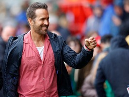 co-owner of wrexham football club ryan reynolds and actor hugh jackman meet fans before the sky bet league two match between wrexham and milton keynes dons at stok cae ras stadium on august 05, 2023 in wrexham, wales.