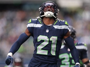 Devon Witherspoon #21 of the Seattle Seahawks reacts to a play during the fourth quarter of the game against the Arizona Cardinals at Lumen Field on October 22, 2023 in Seattle, Washington.