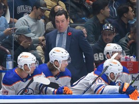 Edmonton Oilers head coach Jay Woodcroft looks on during the second period of their NHL game against the Vancouver Canucks at Rogers Arena on November 6, 2023 in Vancouver, British Columbia, Canada.