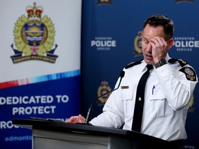 Edmonton Police Service Acting Supt. Colin Derksen provides an update on the targeted shooting that killed Harpreet Uppal, 41, and his 11 year-old son, during a press conference in Edmonton Friday Nov. 10, 2023.