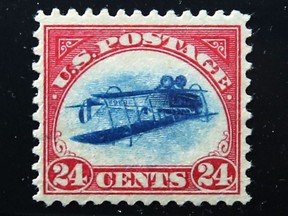 An "Inverted Jenny" is displayed at the World Stamp Show in Manhattan on June 2, 2016.