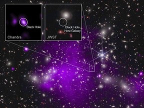 This annotated image provided by NASA on Monday, Nov. 6, 2023, shows a composite view of data from NASA’s Chandra X-ray Observatory and James Webb Space Telescope indicating a growing black hole just 470 million years after the big bang.