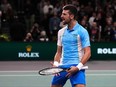 Serbia's Novak Djokovic celebrates after winning his men's singles semifinal match against Andrey Rublev on day six of the Paris ATP Masters 1000 tennis tournament at the Accor Arena - Palais Omnisports de Paris-Bercy - in Paris on Nov. 4, 2023.