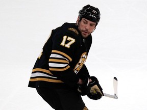 Boston Bruins left wing Milan Lucic (17) during a hockey game, Tuesday, Oct. 3, 2023, in Boston.
