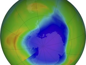 In this NASA false-color image, the blue and purple shows the hole in Earth's protective ozone layer over Antarctica on Oct. 30, 2023. This year's ozone hole was about average size for the last 20 years. (NASA via AP)