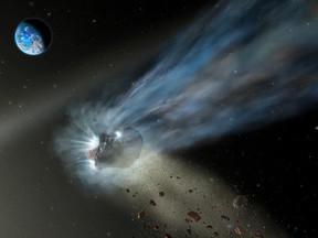 Illustration of a comet as it passes through the inner solar system. Earth's collision with such a cometary debris trail 12,800 years ago may have forced humans to turn to agriculture due to climate change.