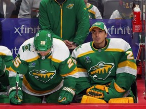 Minnesota Wild goaltender Marc-Andre Fleury (29) looks on from the bench during the third period of an NHL hockey game against the Colorado Avalanche, Friday, Nov. 24, 2023, in St. Paul, Minn.