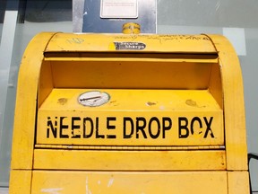 A needle drop box outside a supervised consumption site in downtown Calgary.