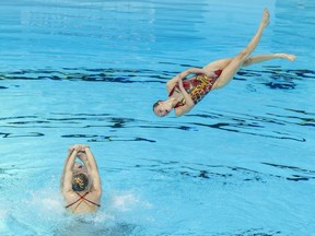 Team Canada competes in the team artistic swimming acrobatic routine competition at the Pan American Games, in Santiago, Chile, Friday, Nov. 3, 2023.