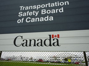 The wreckage of a plane that may be decades old has been found south of Kamloops, B.C. Transportation Safety Board of Canada (TSB) signage is pictured outside TSB offices in Ottawa on Monday, May 1, 2023.
