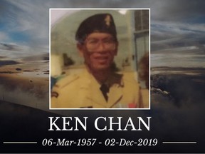 Military veteran Ken Chan died by suicide on Dec. 2, 2019, outside the Alberta legislature. He was 62. Supplied photo