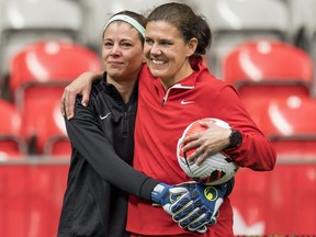 Stephanie Labbé and Christine Sinclair share a moment during the team's practice in April 2022 at B.C. Place, just ahead of Labbé's final game for Canada. Now it's Sinclair's turn, as she'll retire from international soccer after a two-game series against Australia.