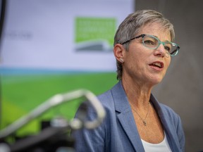 Selina Robinson, minister of post-secondary education, speaks at a funding announcement in Vancouver, on Thursday, July 20, 2023. The latest labour market survey for British Columbia says 75 per cent of the one million jobs needed over the next decade will require some level of post-secondary education or training.
