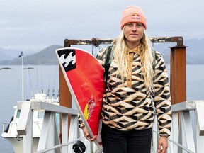 Sanoa Dempfle-Olin of Tofino, B.C., shown in a handout photo, became the first Canadian to ever qualify for the Olympics in surfing last month at the Pan American Games in Santiago, Chile. She says her life has been a whirlwind since then and now she's figuring out how to prepare for the 2024 Paris Games.