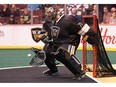 Warriors goalie Aaron Bold makes a save against the Calgary Roughnecks.