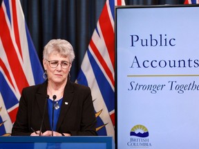 British Columbia's economy is forecast to post growth of one per cent this year, a drop from the 1.2 per cent predicted earlier this year by the Ministry of Finance. Minister of Finance Katrine Conroy looks on during a news conference in the press theatre at the legislature in Victoria, Wednesday, Aug. 30, 2023.