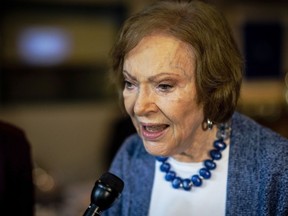 The former first lady Rosalynn Carter speaks to the press at conference at The Carter Center on Nov. 5, 2019, in Atlanta.