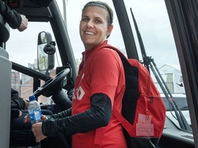 Canada's national women's soccer team captain Christine Sinclair boards the team bus after practice Thursday, October 26, 2023 in Montreal.