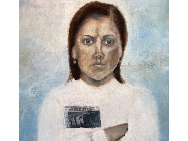  Patricia June Vickers’ exhibition includes a painting of her grandmother, who attended residential school, as an intense-looking girl, clutching to her chest a booklet bearing the words, “Looking Unto Jesus.”