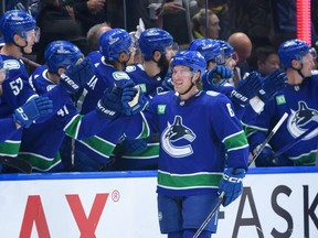 This is becoming a very familiar sight. Canucks winger Brock Boeser is congratulated for a goal and now has 21 to share the NHL lead.