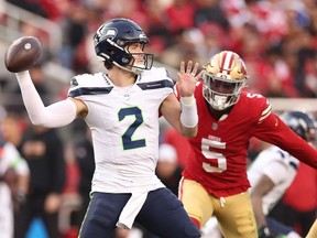 Drew Lock #2 of the Seattle Seahawks throws the ball during the fourth quarter in the game against the San Francisco 49ers at Levi's Stadium on December 10, 2023 in Santa Clara, California.