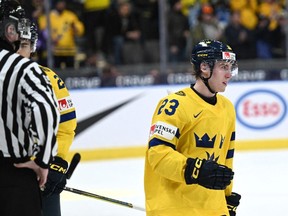 Sweden's Jonathan Lekkerimaki celebrates after scoring the first of his two goal during the Group A ice hockey match between Sweden and Latvia of the IIHF World Junior Championship in Gothenburg, Sweden on December 26, 2023.