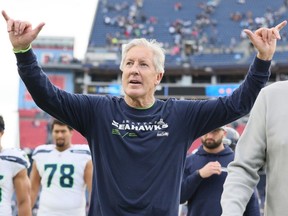 Head coach Pete Carroll of the Seattle Seahawks reacts after a win over the Tennessee Titans at Nissan Stadium on Dec. 24, 2023.