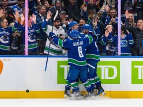 Vancouver Canucks' Dakota Joshua (81), from left to right, Conor Garland (8) and Filip Hronek (17) celebrate Joshua's goal against the Florida Panthers during the first period of an NHL game in Vancouver on Thursday, Dec. 14, 2023.