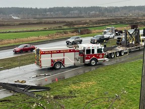Traffic is slowed on Highway 99 in Delta, B.C. on Thursday Dec. 28, 2023. Delta Fire and Rescue says a truck has hit the Highway 99 overpass in Delta, B.C. and the highway is currently closed southbound.