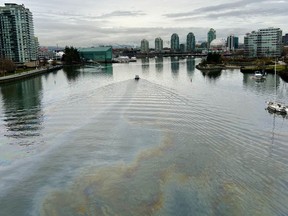 A sheen of pollution can be seen on the surface of Vancouver's False Creek on Dec. 5. The Canadian Coast Guard says it's trying to identify the source of the sheen and a diesel smell that was reported Monday evening.