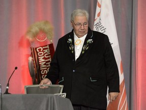 Justice Murray Sinclair takes his seat at the release of the Final Report of the Truth and Reconciliation Commission of Canada on the history of Canada's residential school system, in Ottawa on Tuesday, Dec. 15, 2015. Canada won't complete all 94 of the Truth and Reconciliation Commissions calls to action until 2081, a new report from the Yellowhead Institute says.THE CANADIAN PRESS/Adrian Wyld