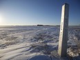 A border marker is shown just outside of Emerson, Man., on Thursday, Jan. 20, 2022.