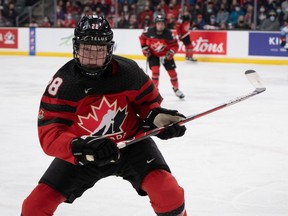 Micah Zandee-Hart during a 2021 Rivalry Series game at the Leon's Centre in Kingston, Ont.