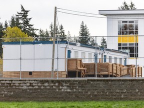 Portable classrooms at Grandview Heights Secondary school in Surrey on Friday, November 3, 2023.