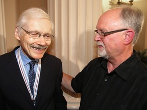 Order of Manitoba recipient Chad Allan (left) chats with local music historian John Einarson following Allan's induction in Winnipeg on. July 9, 2015.