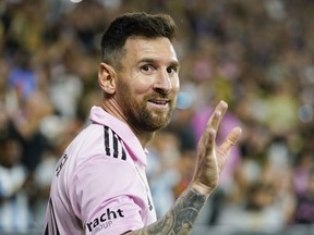 FILE - Inter Miami forward Lionel Messi waves to the crowd during the second half of an MLS soccer match against Los Angeles FC, Sunday, Sept. 3, 2023, in Los Angeles.