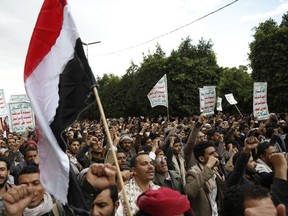 For years, the Houthi rebels controlling northern Yemen have chanted slogans at their mass rallies, pictured, calling for the destruction of Israel, but they never joined any conflict beyond the confines of their own country’s civil war or nearby in the Arabian Peninsula. The Iranian-backed Shiite Muslim force has launched at least six drone and missile attacks toward southern Israel since the Israel-Hamas war began on Oct. 7.