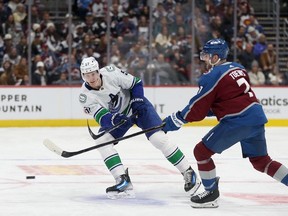 Tyler Myers advances the puck against the Colorado Avalanche in November.